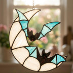 Crescent Moon and Blue Bats Halloween Window Hanging by AuroraeGlass — photo 9