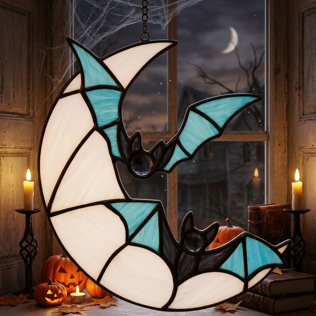 Crescent Moon and Blue Bats Halloween Window Hanging by AuroraeGlass — photo 2
