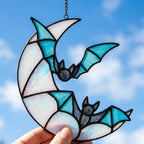 Crescent Moon and Blue Bats Halloween Window Hanging by AuroraeGlass — photo 5