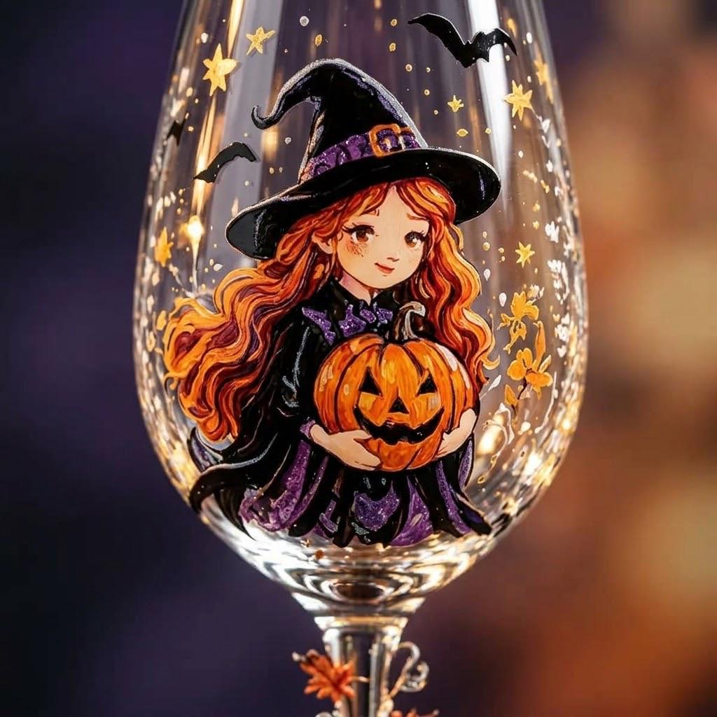 Witch and Pumpkin Stemmed Wine Glass, Halloween Display Decor by AuroraeGlass — photo 6