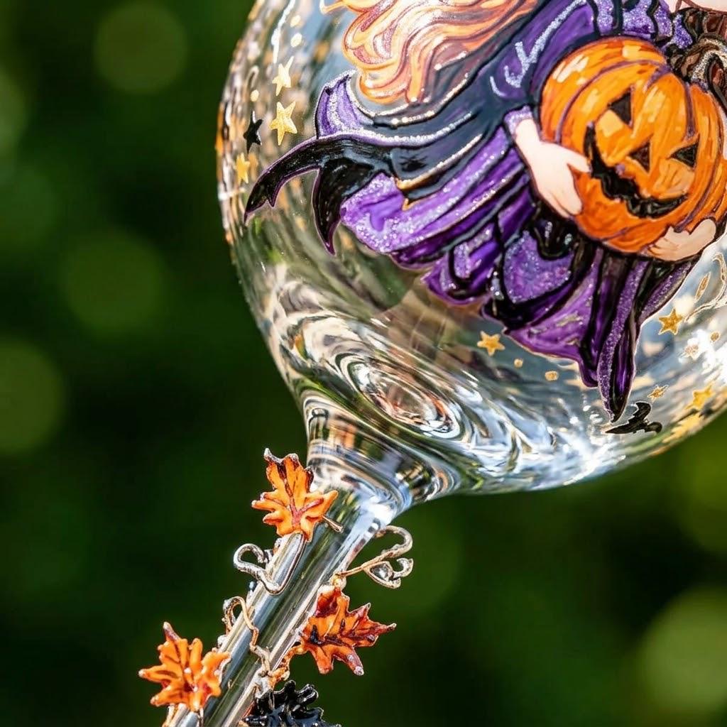 Witch and Pumpkin Stemmed Wine Glass, Halloween Display Decor by AuroraeGlass — photo 7