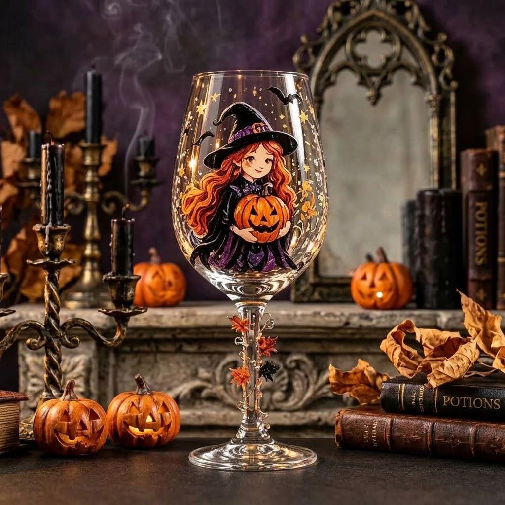 Witch and Pumpkin Stemmed Wine Glass, Halloween Display Decor by AuroraeGlass — photo 4