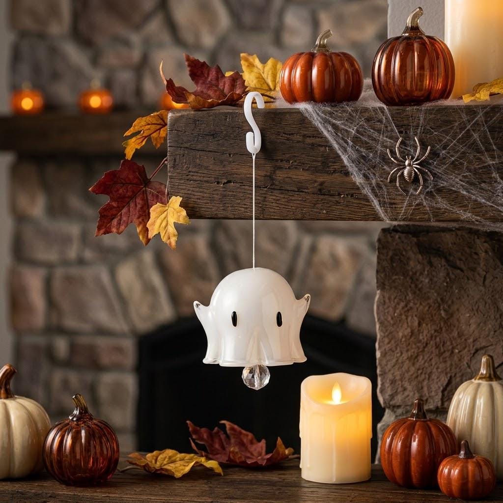 White Ghost Halloween Hanging Ornament with Faceted Drop by AuroraeGlass — photo 1