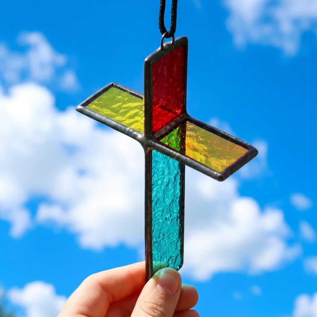 Colorful 3D Stained Glass Cross Suncatcher, Tiffany-inspired Handmade Window Decor by AuroraeGlass — photo 1