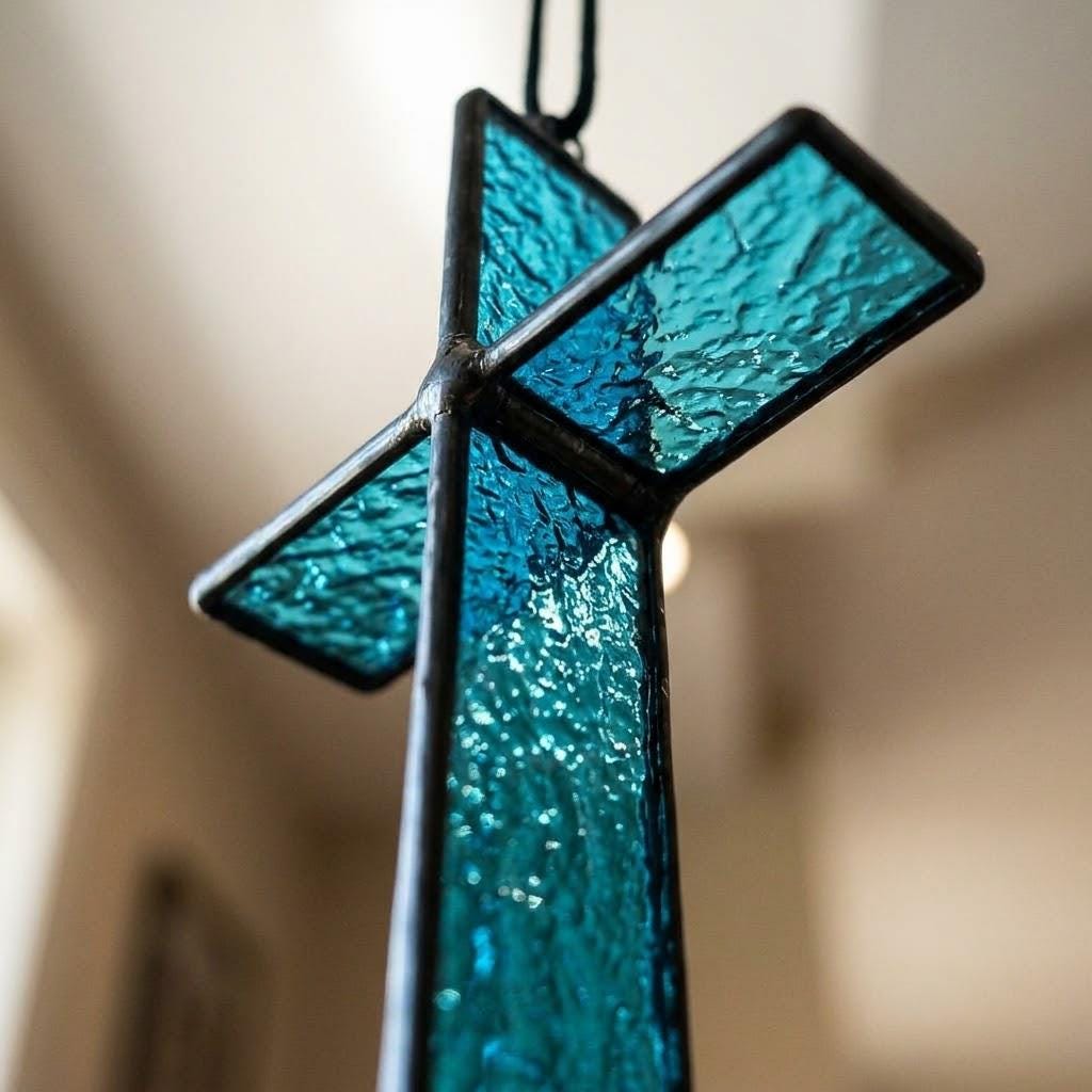 Blue 3D Stained Glass Cross Suncatcher, Tiffany-inspired Handmade Window Decor by AuroraeGlass — photo 4