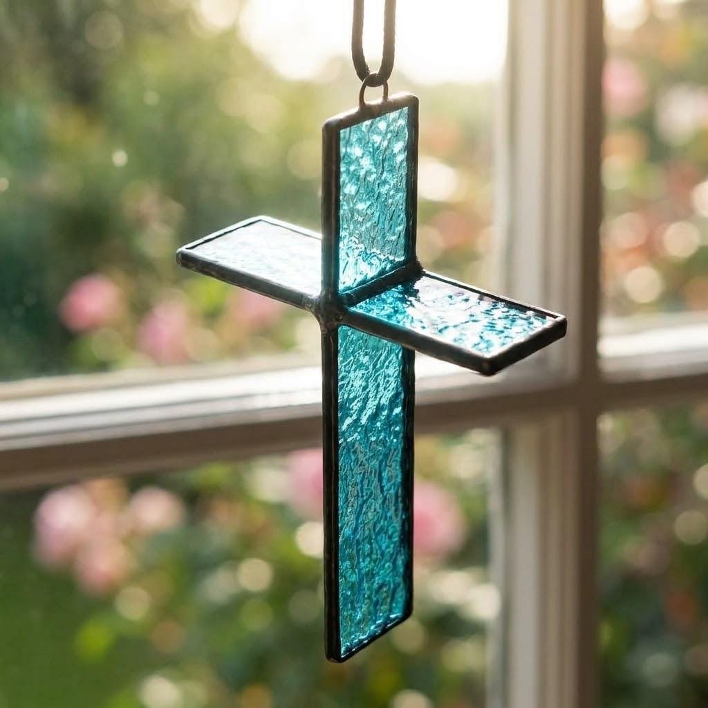 Blue 3D Stained Glass Cross Suncatcher, Tiffany-inspired Handmade Window Decor by AuroraeGlass — photo 6