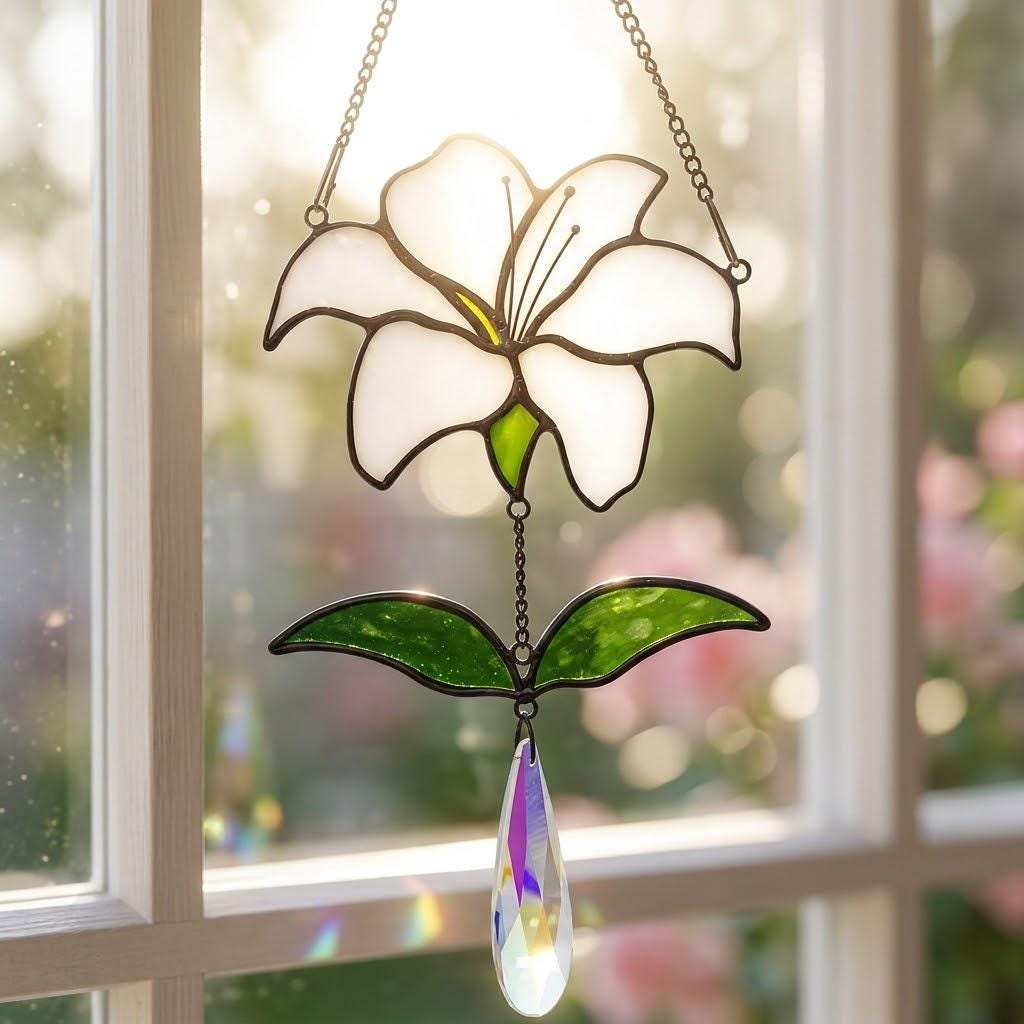 White Lily Stained Glass Suncatcher with Crystal Prism, Handmade Floral Window Decor by AuroraeGlass — photo 6