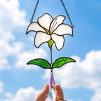 White Lily Stained Glass Suncatcher with Crystal Prism, Handmade Floral Window Decor by AuroraeGlass — photo 1