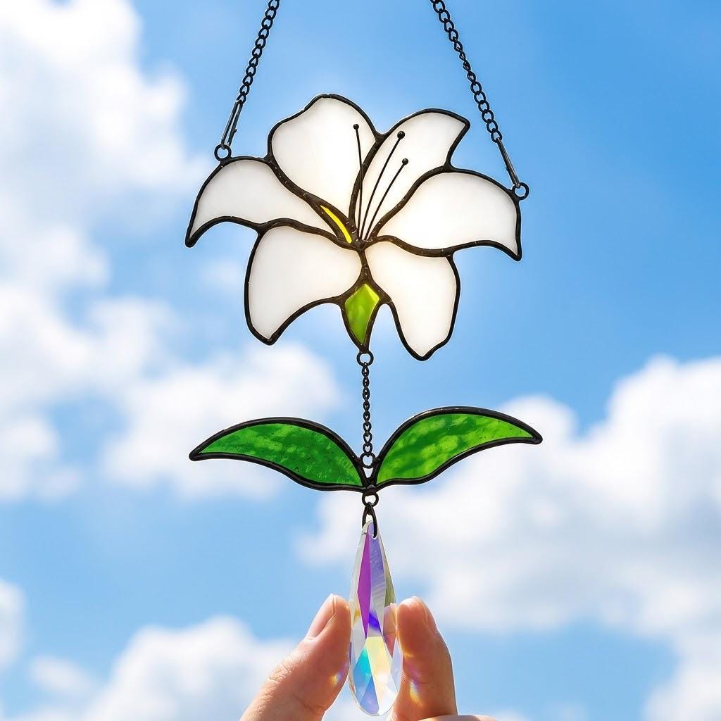 White Lily Stained Glass Suncatcher with Crystal Prism, Handmade Floral Window Decor by AuroraeGlass — photo 1