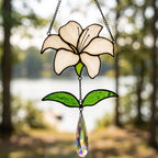 White Lily Stained Glass Suncatcher with Crystal Prism, Handmade Floral Window Decor by AuroraeGlass — photo 7