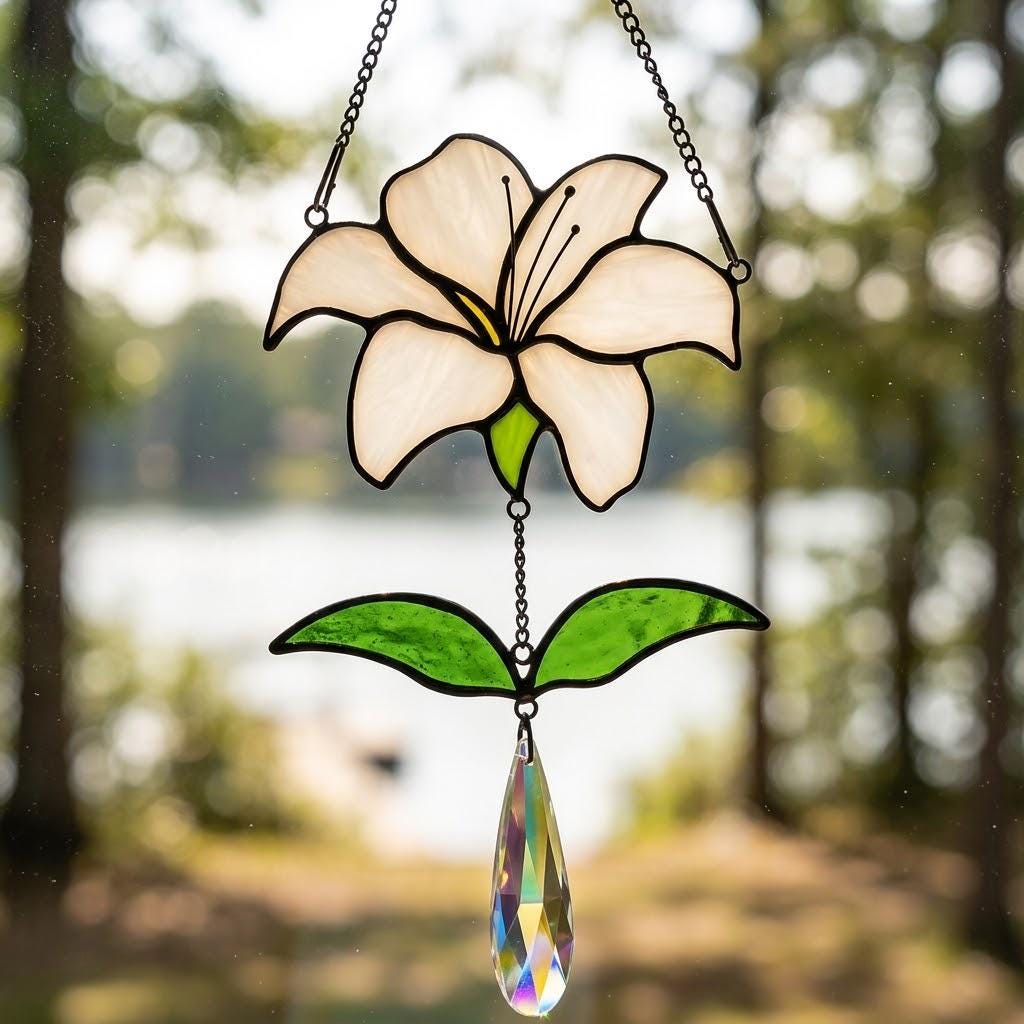 White Lily Stained Glass Suncatcher with Crystal Prism, Handmade Floral Window Decor by AuroraeGlass — photo 7