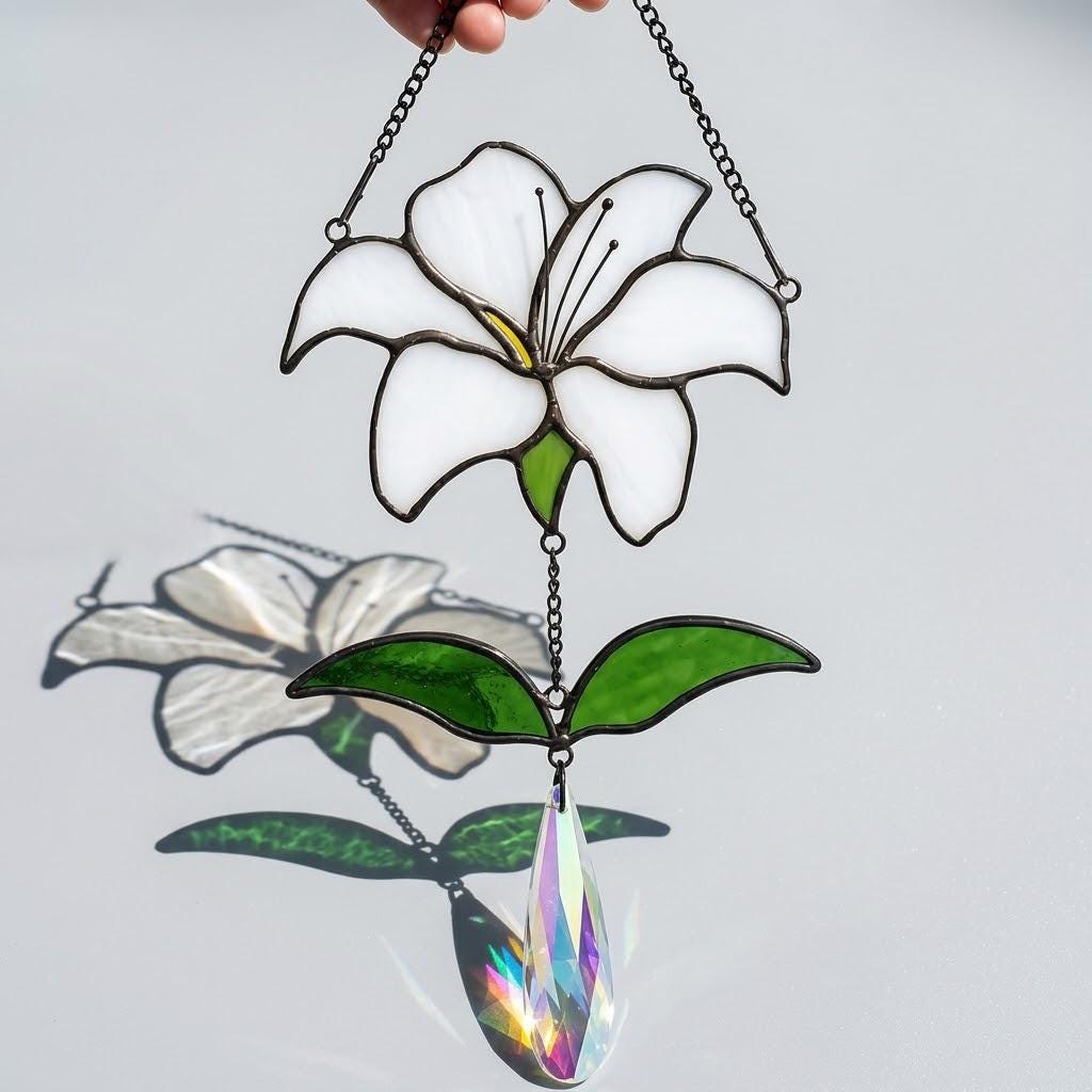 White Lily Stained Glass Suncatcher with Crystal Prism, Handmade Floral Window Decor by AuroraeGlass — photo 8