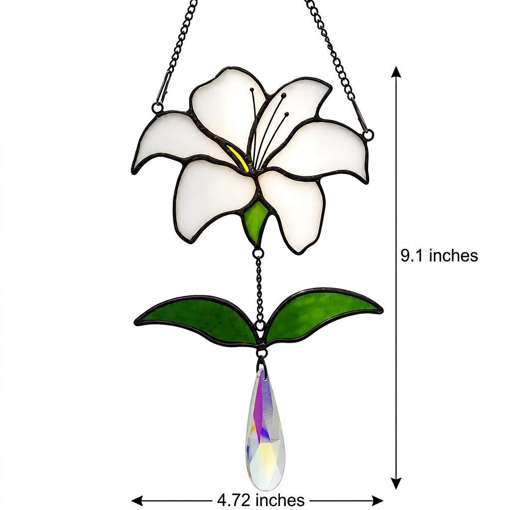 White Lily Stained Glass Suncatcher with Crystal Prism, Handmade Floral Window Decor by AuroraeGlass — photo 9