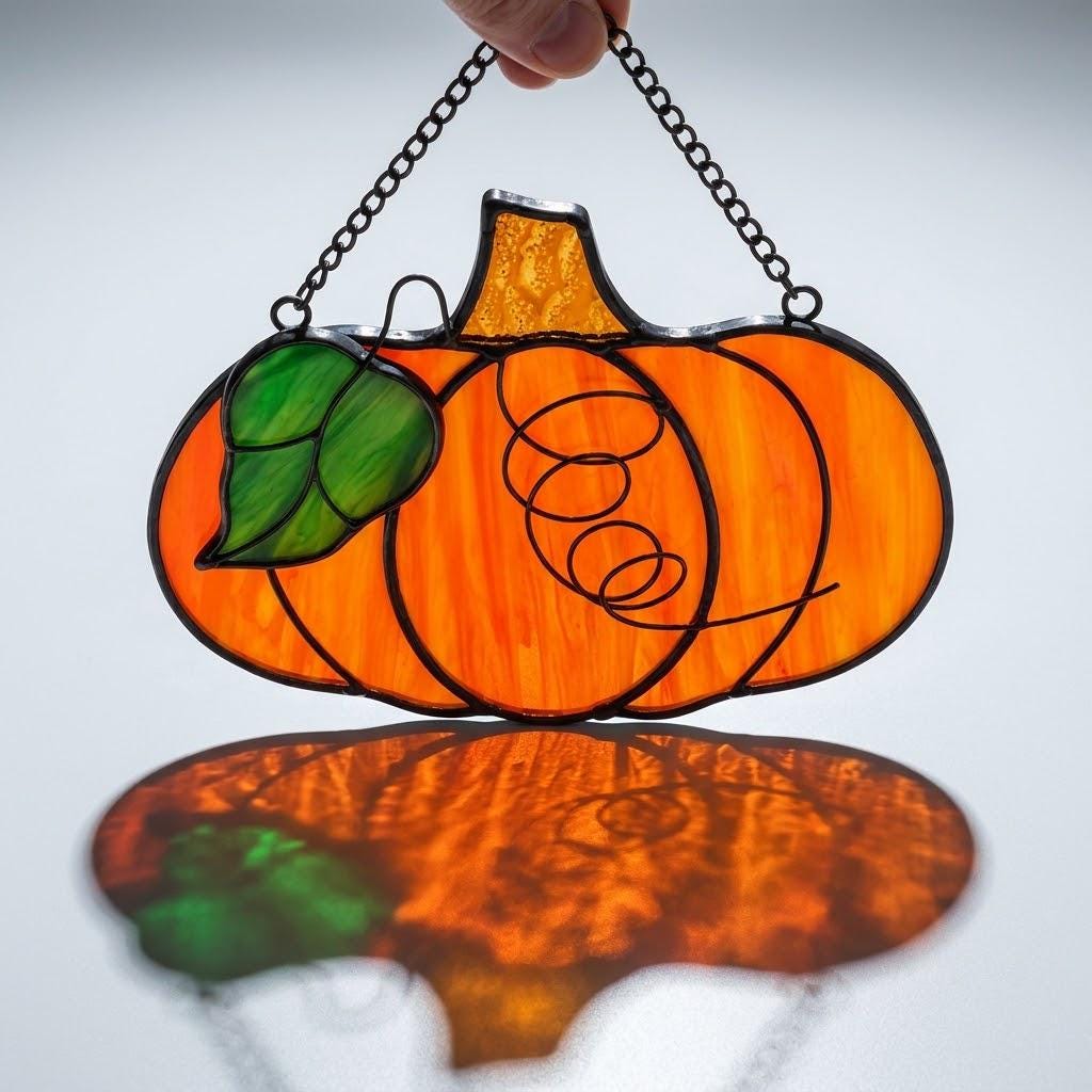 Orange Pumpkin Stained Glass Suncatcher, Tiffany-inspired Handmade Fall Window Decor by AuroraeGlass — photo 8