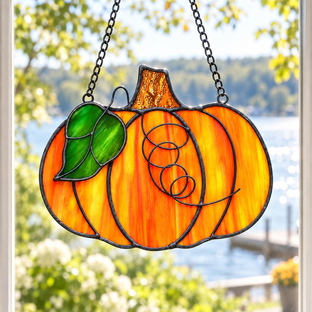 Orange Pumpkin Stained Glass Suncatcher, Tiffany-inspired Handmade Fall Window Decor by AuroraeGlass — photo 7
