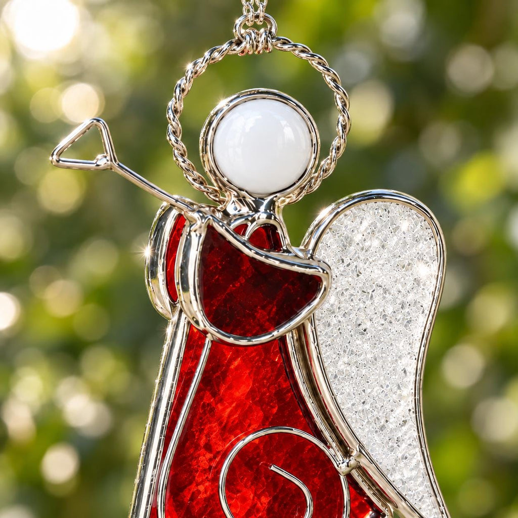 Red Trumpet Angel Glass Ornament, Tiffany-inspired Handmade Christmas Window Decor by AuroraeGlass — photo 3