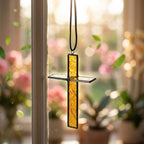 Amber Stained Glass Cross Suncatcher, Tiffany-inspired Christian Window Hanging, Handmade Faith Gift by AuroraeGlass, photo 6