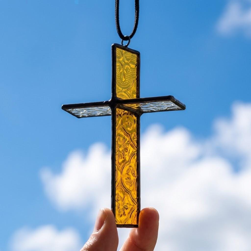 Amber Stained Glass Cross Suncatcher, Tiffany-inspired Christian Window Hanging, Handmade Faith Gift by AuroraeGlass, photo 1
