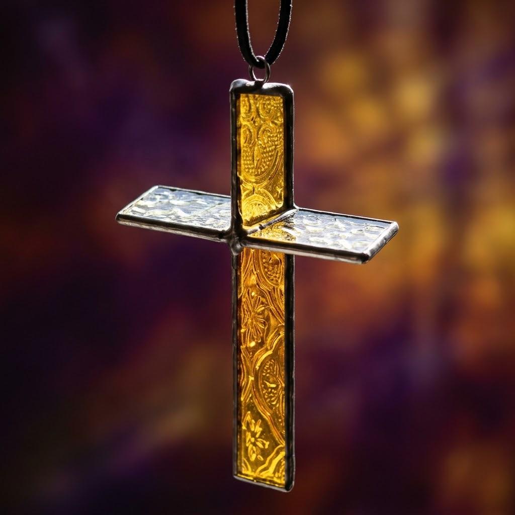 Amber Stained Glass Cross Suncatcher, Tiffany-inspired Christian Window Hanging, Handmade Faith Gift by AuroraeGlass, photo 4