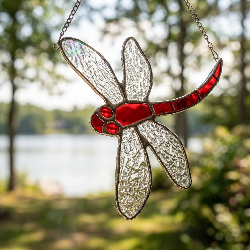 Red Dragonfly Stained Glass Suncatcher, Tiffany-inspired Window Hanging, Handmade Garden Lover Gift by AuroraeGlass, photo 4