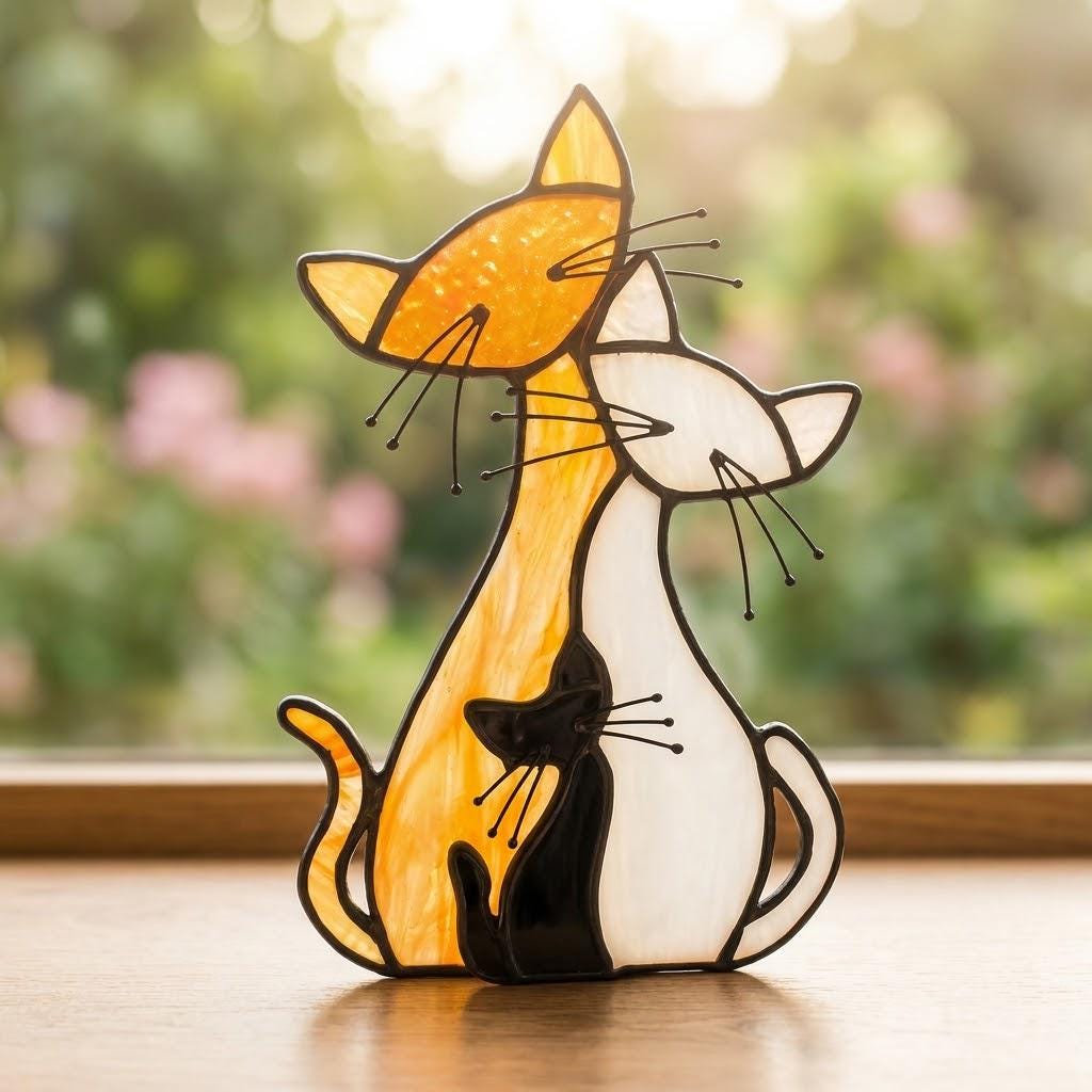 Handmade Stained Glass Cat Family, Amber White Black Glass, Tiffany-inspired Sill Art by AuroraeGlass — photo 4