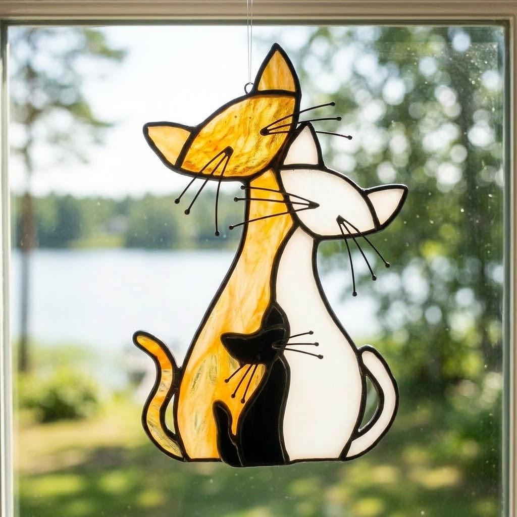 Handmade Stained Glass Cat Family, Amber White Black Glass, Tiffany-inspired Sill Art by AuroraeGlass — photo 6