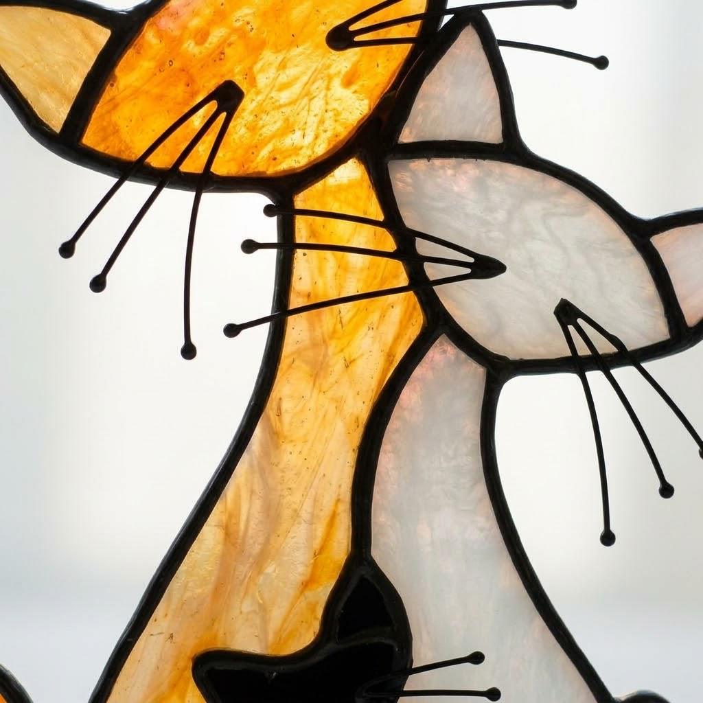 Handmade Stained Glass Cat Family, Amber White Black Glass, Tiffany-inspired Sill Art by AuroraeGlass — photo 8