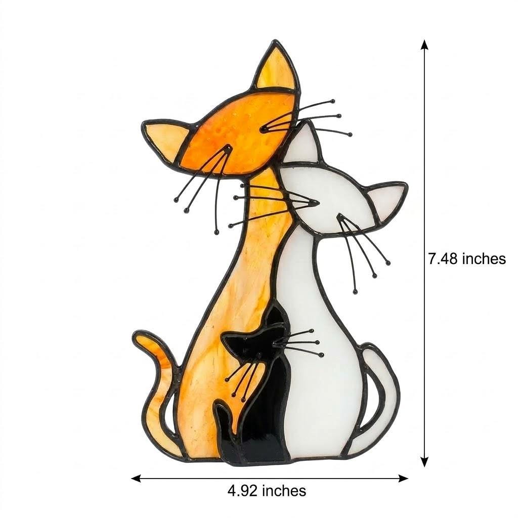 Handmade Stained Glass Cat Family, Amber White Black Glass, Tiffany-inspired Sill Art by AuroraeGlass — photo 9