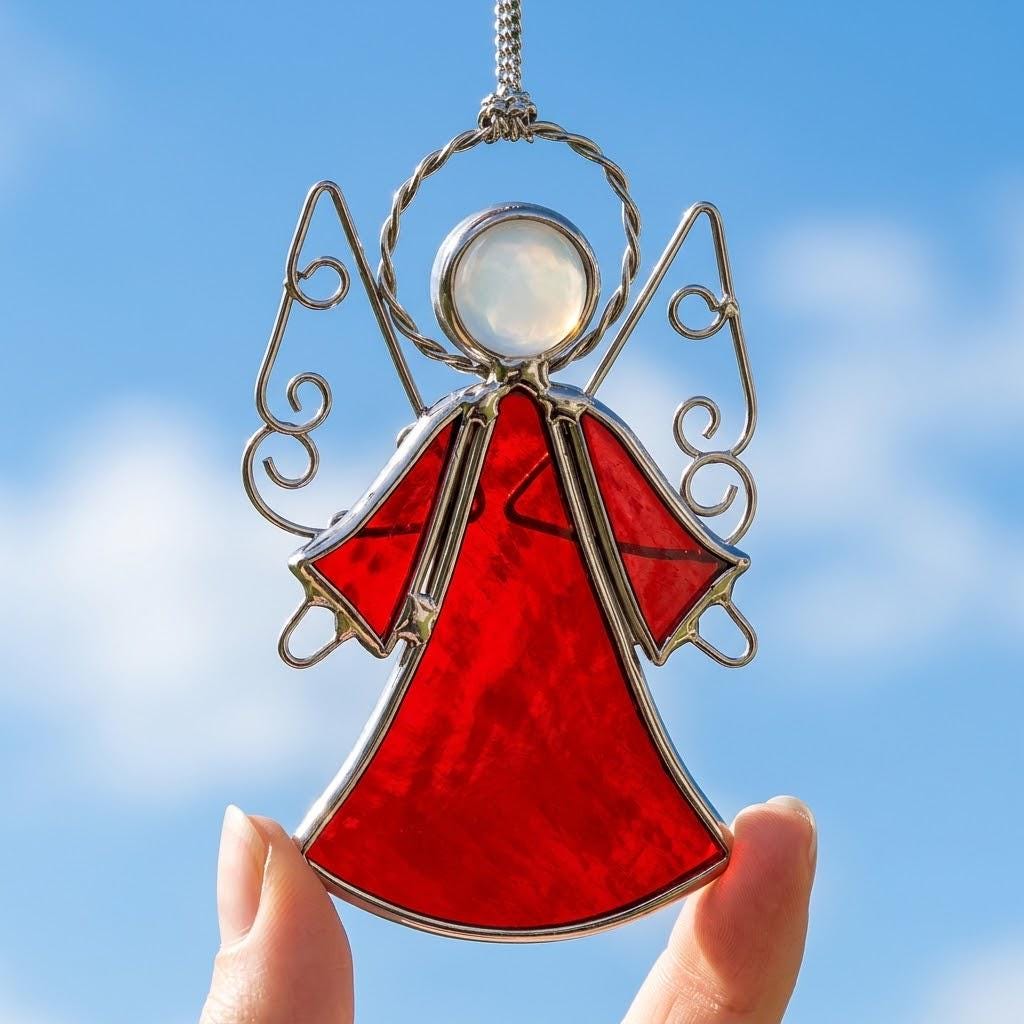 Red Angel Stained Glass Suncatcher, Tiffany-inspired Guardian Angel Window Hanging, Handmade Christmas Gift by AuroraeGlass — photo 1