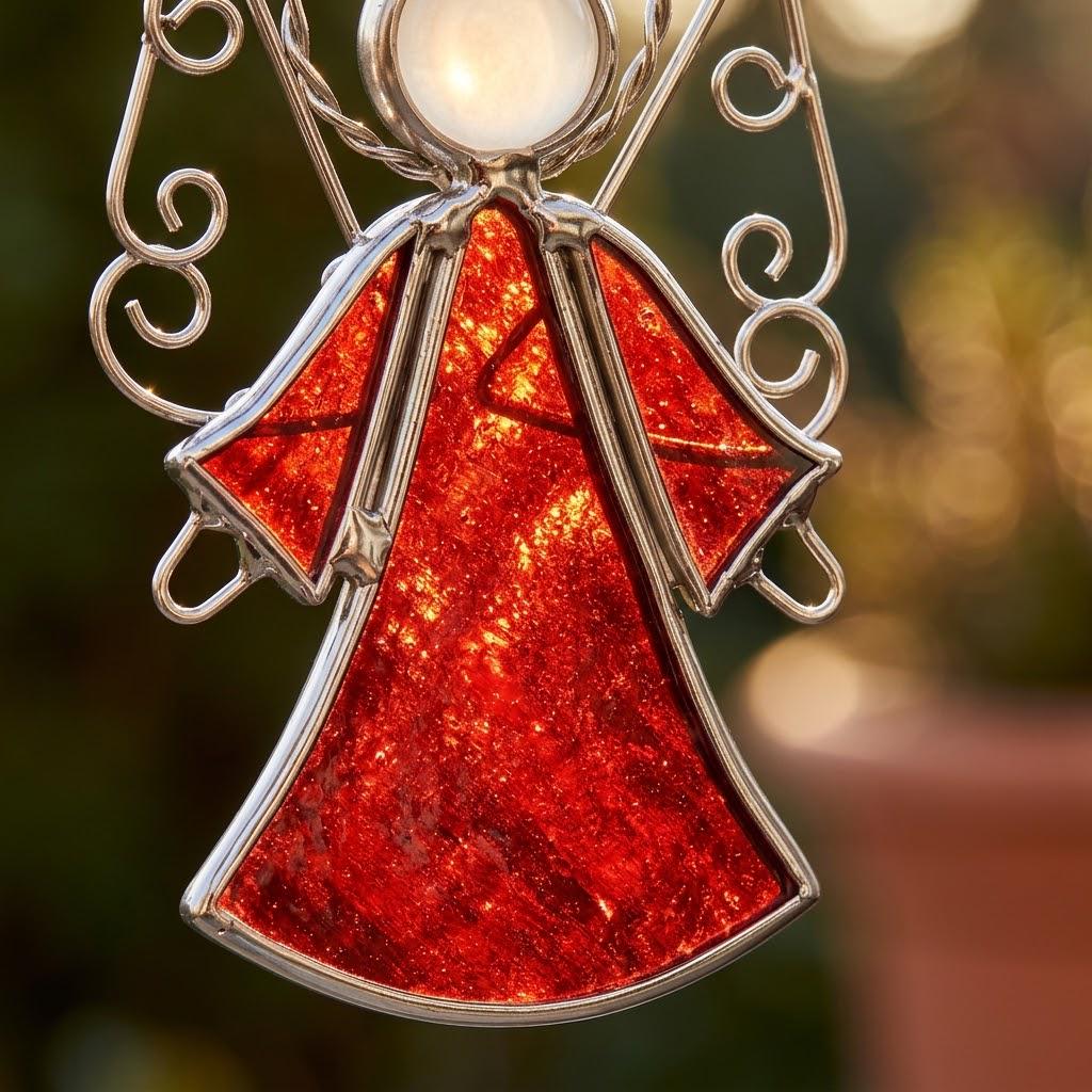 Red Angel Stained Glass Suncatcher, Tiffany-inspired Guardian Angel Window Hanging, Handmade Christmas Gift by AuroraeGlass — photo 2