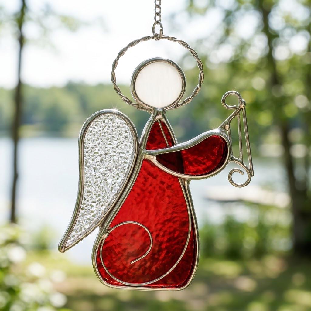 Angel with Harp Stained Glass Suncatcher, Tiffany-inspired Red Angel Window Hanging, Handmade Musician Gift by AuroraeGlass — photo 6