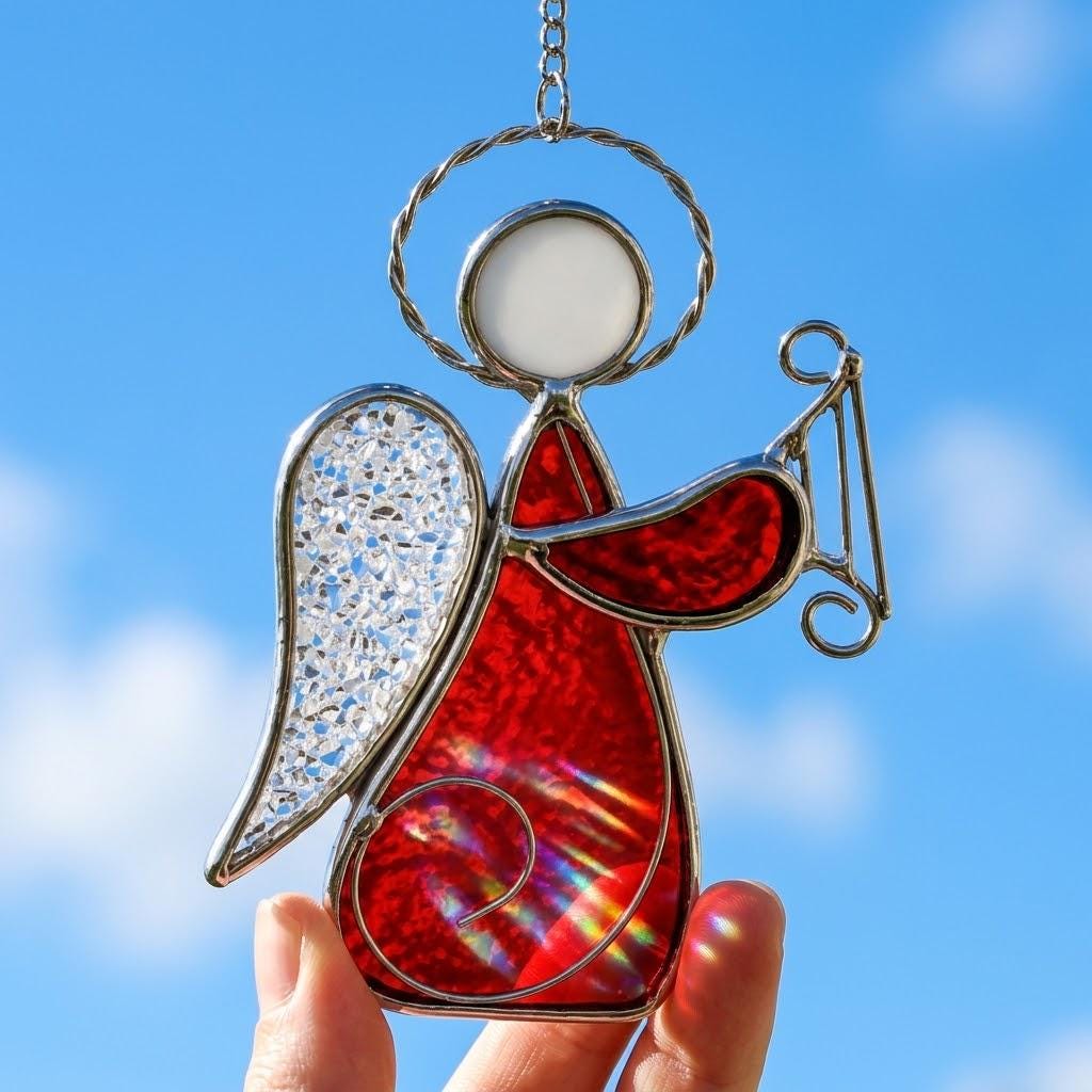 Angel with Harp Stained Glass Suncatcher, Tiffany-inspired Red Angel Window Hanging, Handmade Musician Gift by AuroraeGlass — photo 1