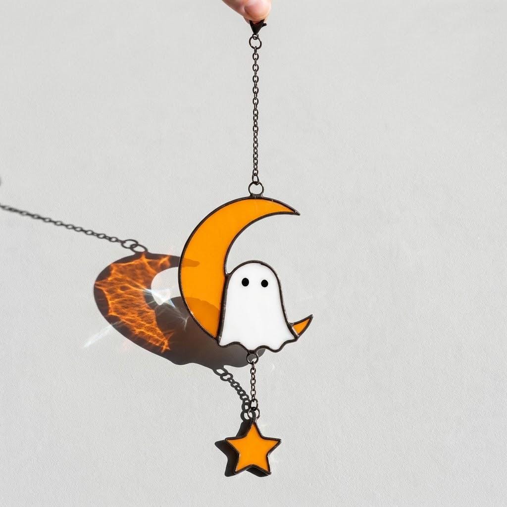 Handmade Stained Glass Ghost Moon Star Suncatcher, Halloween Window Hanging by AuroraeGlass — photo 9