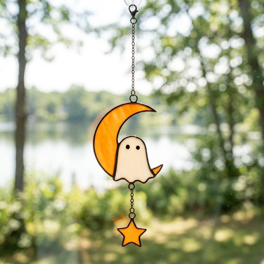 Handmade Stained Glass Ghost Moon Star Suncatcher, Halloween Window Hanging by AuroraeGlass — photo 8