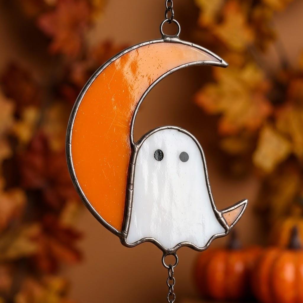 Handmade Stained Glass Ghost Moon Star Suncatcher, Halloween Window Hanging by AuroraeGlass — photo 2