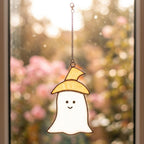 Handmade Stained Glass Ghost Suncatcher, Orange Hat, Halloween Window Hanging by AuroraeGlass — photo 7