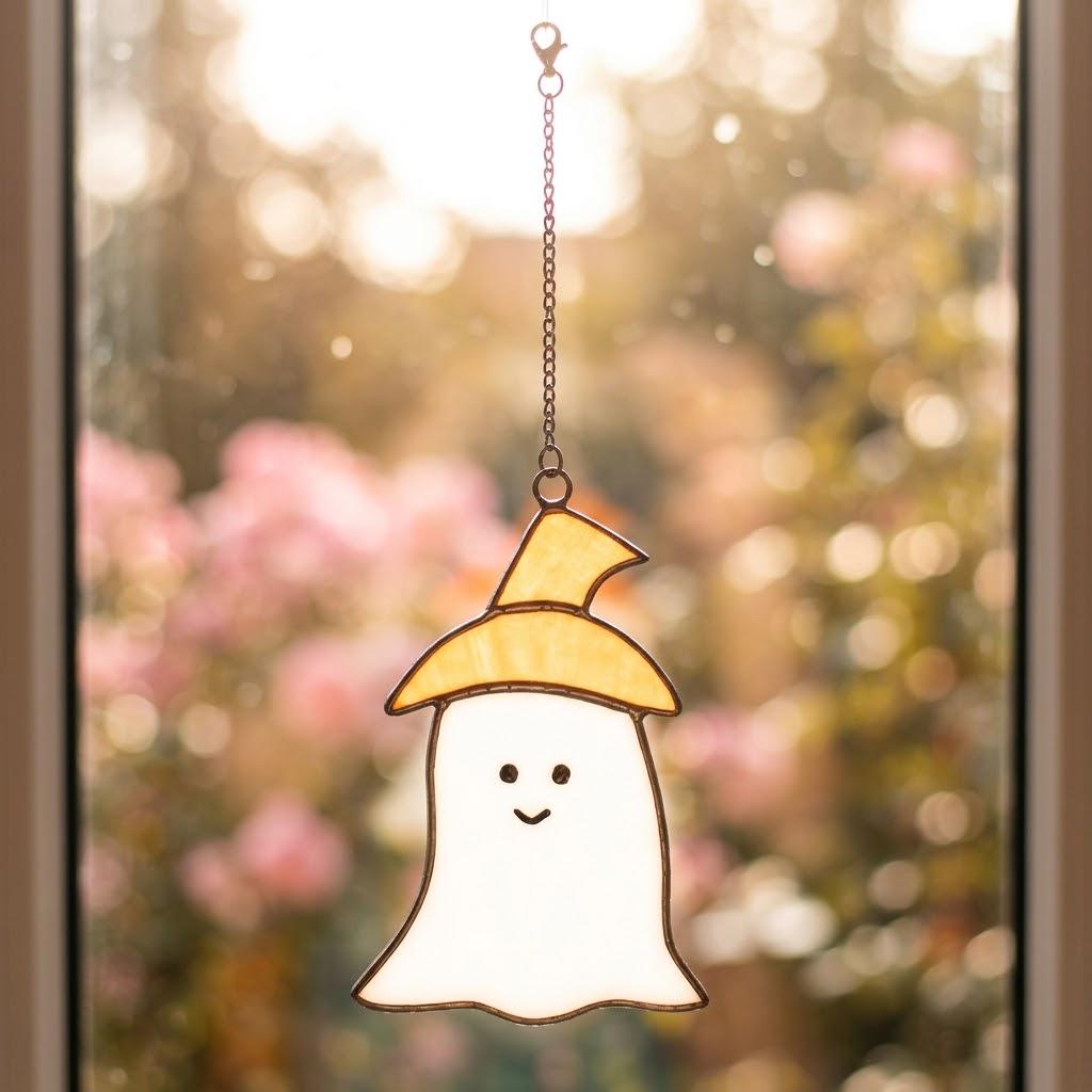 Handmade Stained Glass Ghost Suncatcher, Orange Hat, Halloween Window Hanging by AuroraeGlass — photo 7