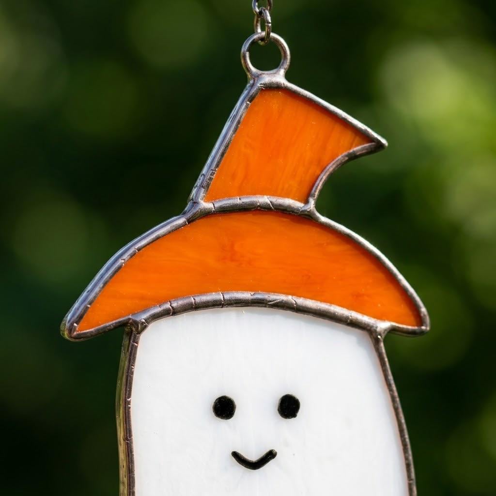 Handmade Stained Glass Ghost Suncatcher, Orange Hat, Halloween Window Hanging by AuroraeGlass — photo 4