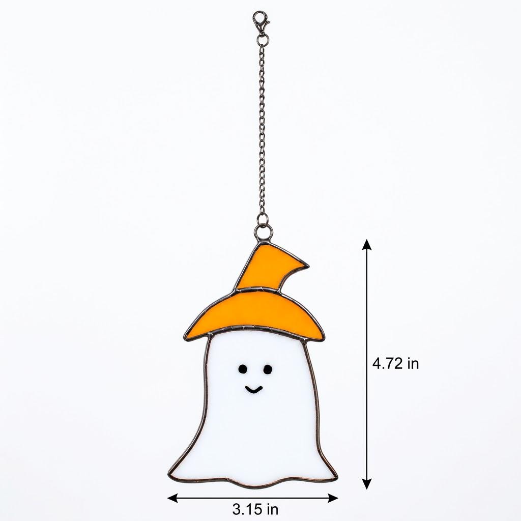 Handmade Stained Glass Ghost Suncatcher, Orange Hat, Halloween Window Hanging by AuroraeGlass — photo 10