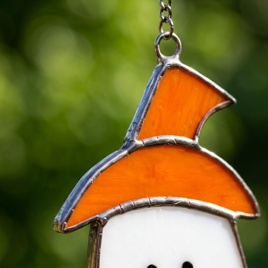 Handmade Stained Glass Ghost Suncatcher, Orange Hat, Halloween Window Hanging by AuroraeGlass — photo 5