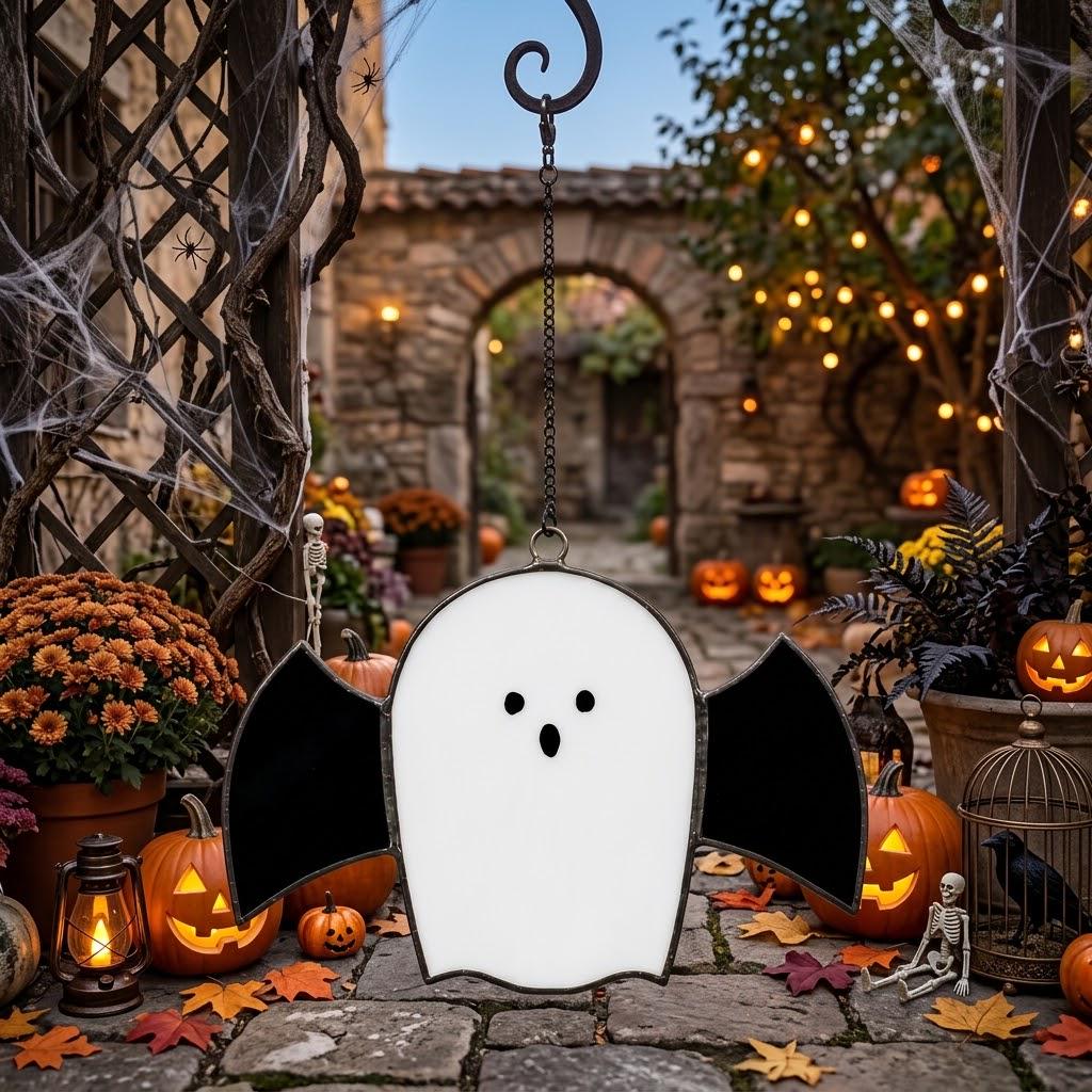 Handmade Stained Glass Ghost with Bat Wings, Gothic Halloween Suncatcher by AuroraeGlass — photo 3