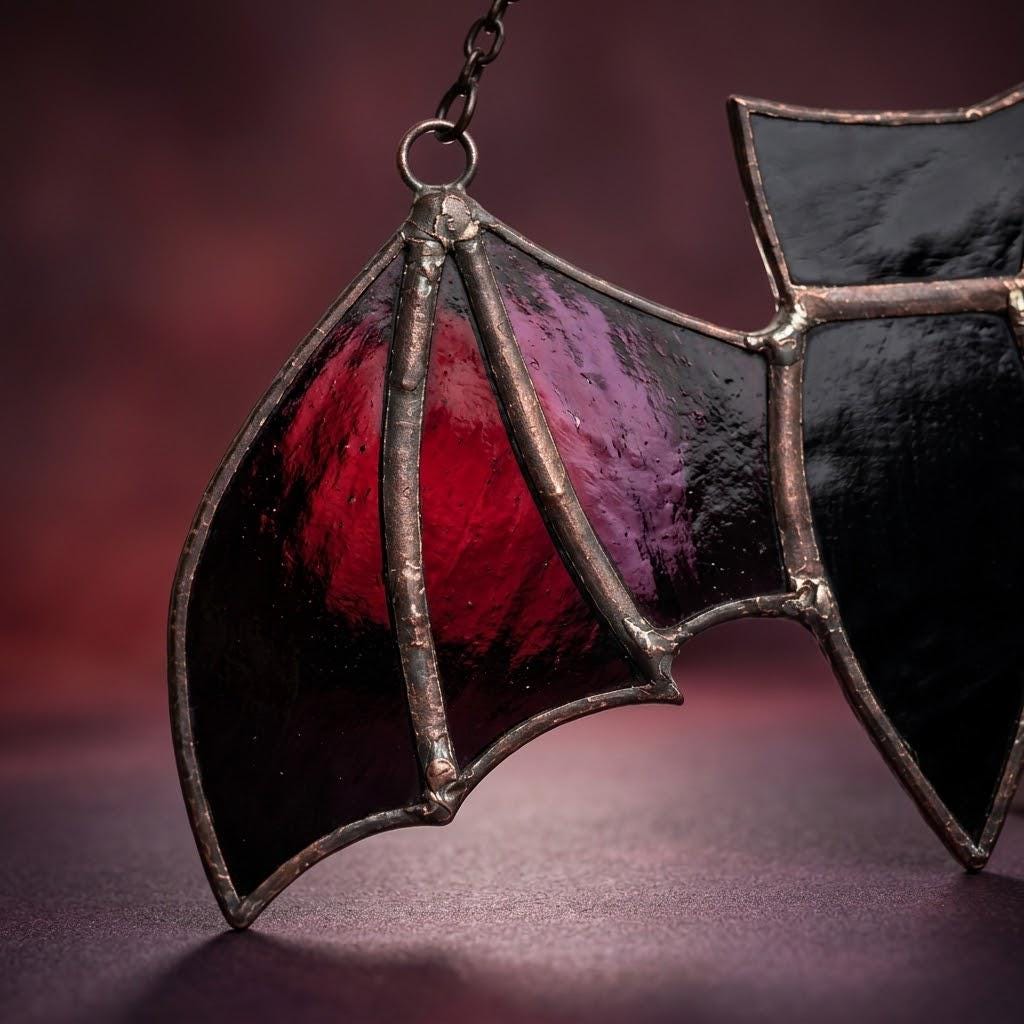 Black Bat Stained Glass Suncatcher, Handmade Gothic Halloween Window Hanging by AuroraeGlass, photo 6