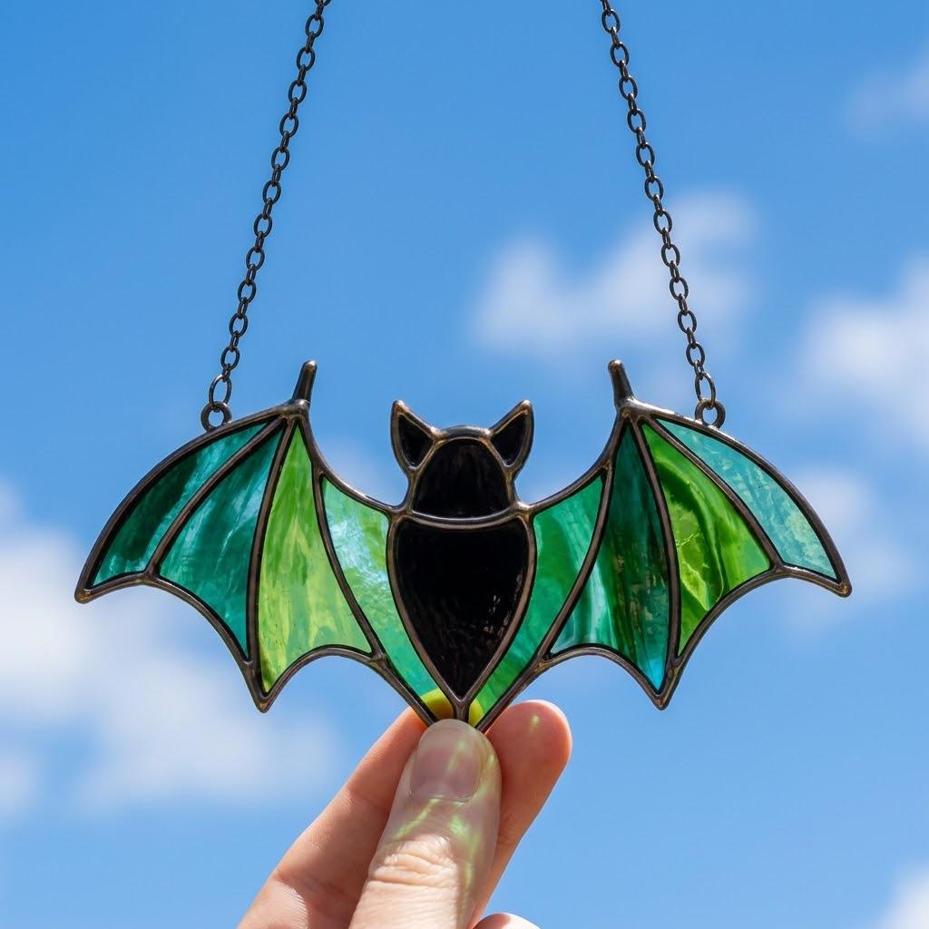 Green Bat Stained Glass Suncatcher, Tiffany-inspired Halloween Window Hanging, Handmade Gothic Decor by AuroraeGlass — photo 5
