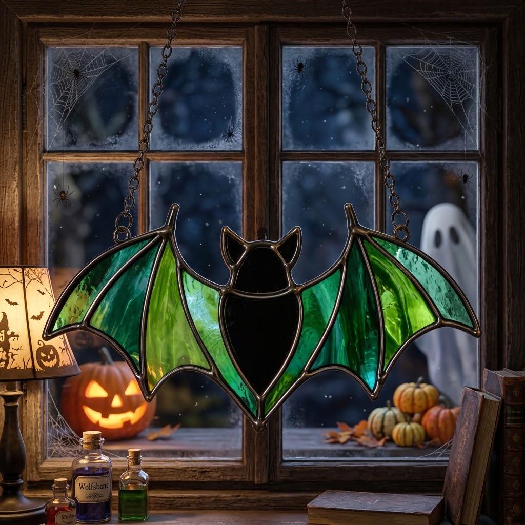 Green Bat Stained Glass Suncatcher, Tiffany-inspired Halloween Window Hanging, Handmade Gothic Decor by AuroraeGlass — photo 4
