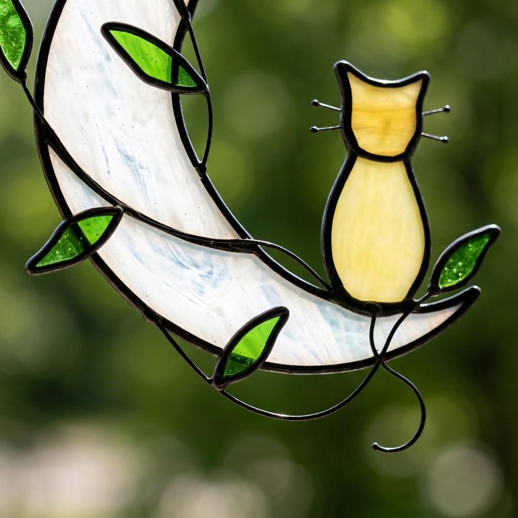 Handmade Yellow Cat Window Hanging on White Crescent Moon with Green Leaves by AuroraeGlass — photo 2