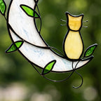 Handmade Yellow Cat Window Hanging on White Crescent Moon with Green Leaves by AuroraeGlass — photo 2