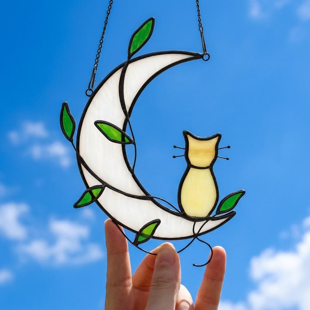 Handmade Yellow Cat Window Hanging on White Crescent Moon with Green Leaves by AuroraeGlass — photo 1