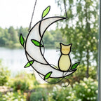 Handmade Yellow Cat Window Hanging on White Crescent Moon with Green Leaves by AuroraeGlass — photo 6