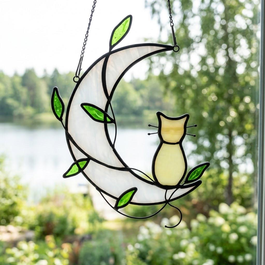 Handmade Yellow Cat Window Hanging on White Crescent Moon with Green Leaves by AuroraeGlass — photo 6