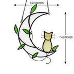 Handmade Yellow Cat Window Hanging on White Crescent Moon with Green Leaves by AuroraeGlass — photo 9